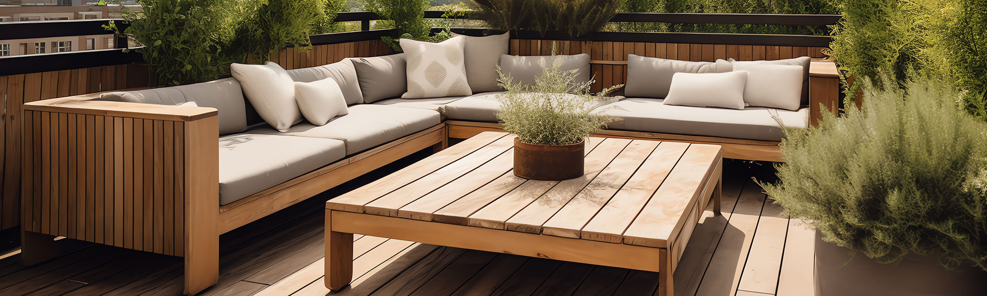 Moderne Holzterrasse mit präziser Unterkonstruktion und Sichtschutz aus Holz im Garten, gefertigt von Holz-Werker.